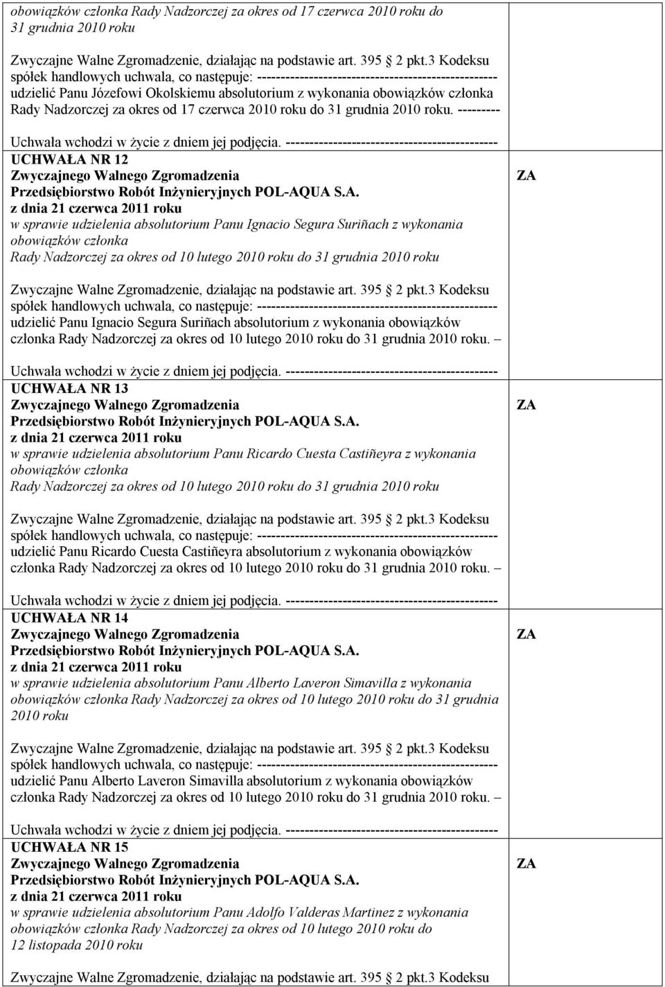 --------- UCHWAŁA NR 12 w sprawie udzielenia absolutorium Panu Ignacio Segura Suriñach z wykonania obowiązków członka Rady Nadzorczej za okres od 10 lutego 2010 roku do 31 grudnia 2010 roku udzielić