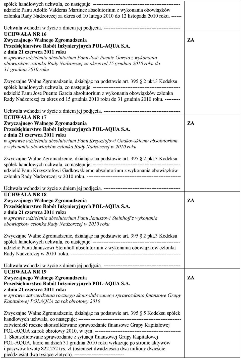 José Puente Garcia absolutorium z wykonania obowiązków członka Rady Nadzorczej za okres od 15 grudnia 2010 roku do 31 grudnia 2010 roku.