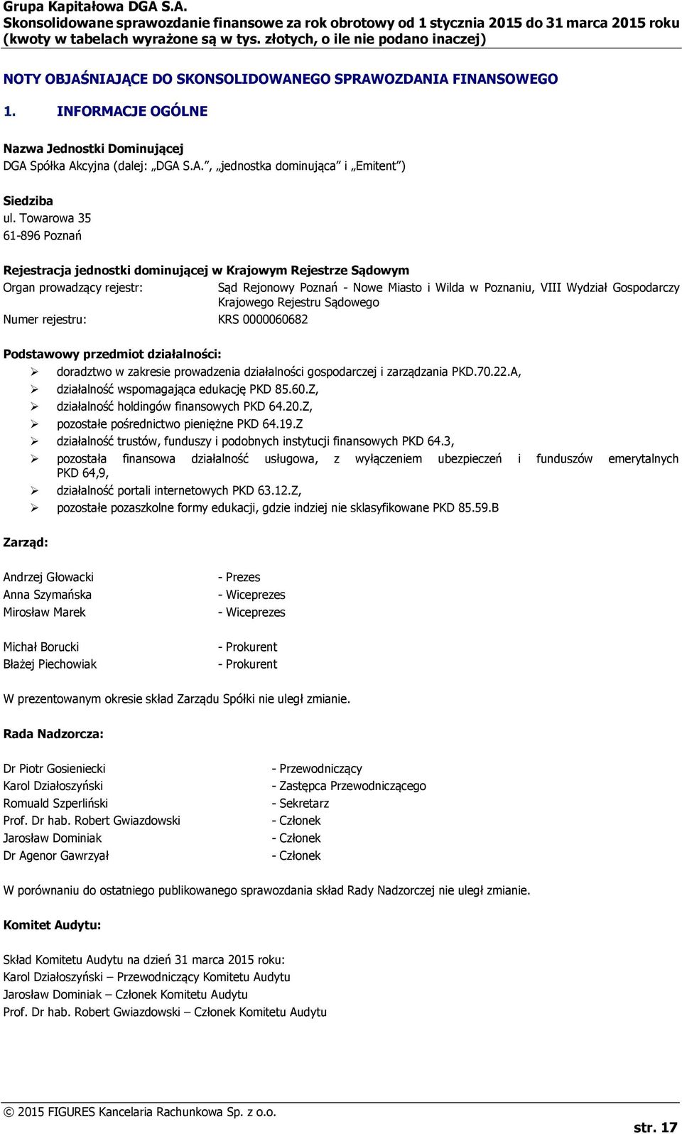 Krajowego Rejestru Sądowego Numer rejestru: KRS 0000060682 Podstawowy przedmiot działalności: doradztwo w zakresie prowadzenia działalności gospodarczej i zarządzania PKD.70.22.