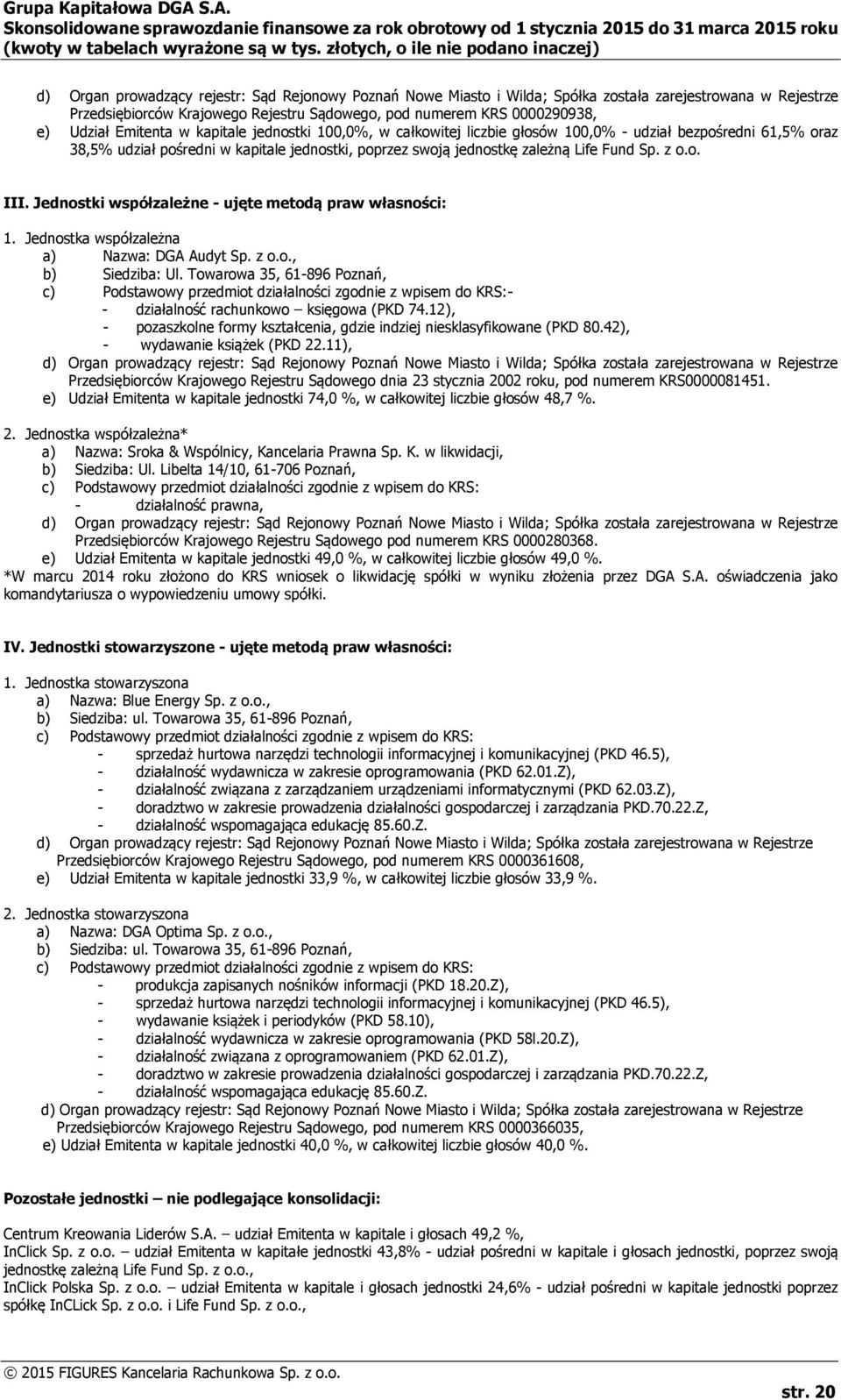 o. III. Jednostki współzależne - ujęte metodą praw własności: 1. Jednostka współzależna a) Nazwa: DGA Audyt Sp. z o.o., b) Siedziba: Ul.