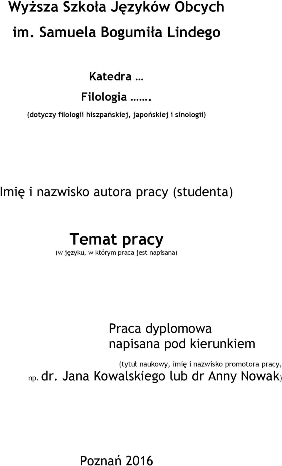 (studenta) Temat pracy (w języku, w którym praca jest napisana) Praca dyplmwa napisana