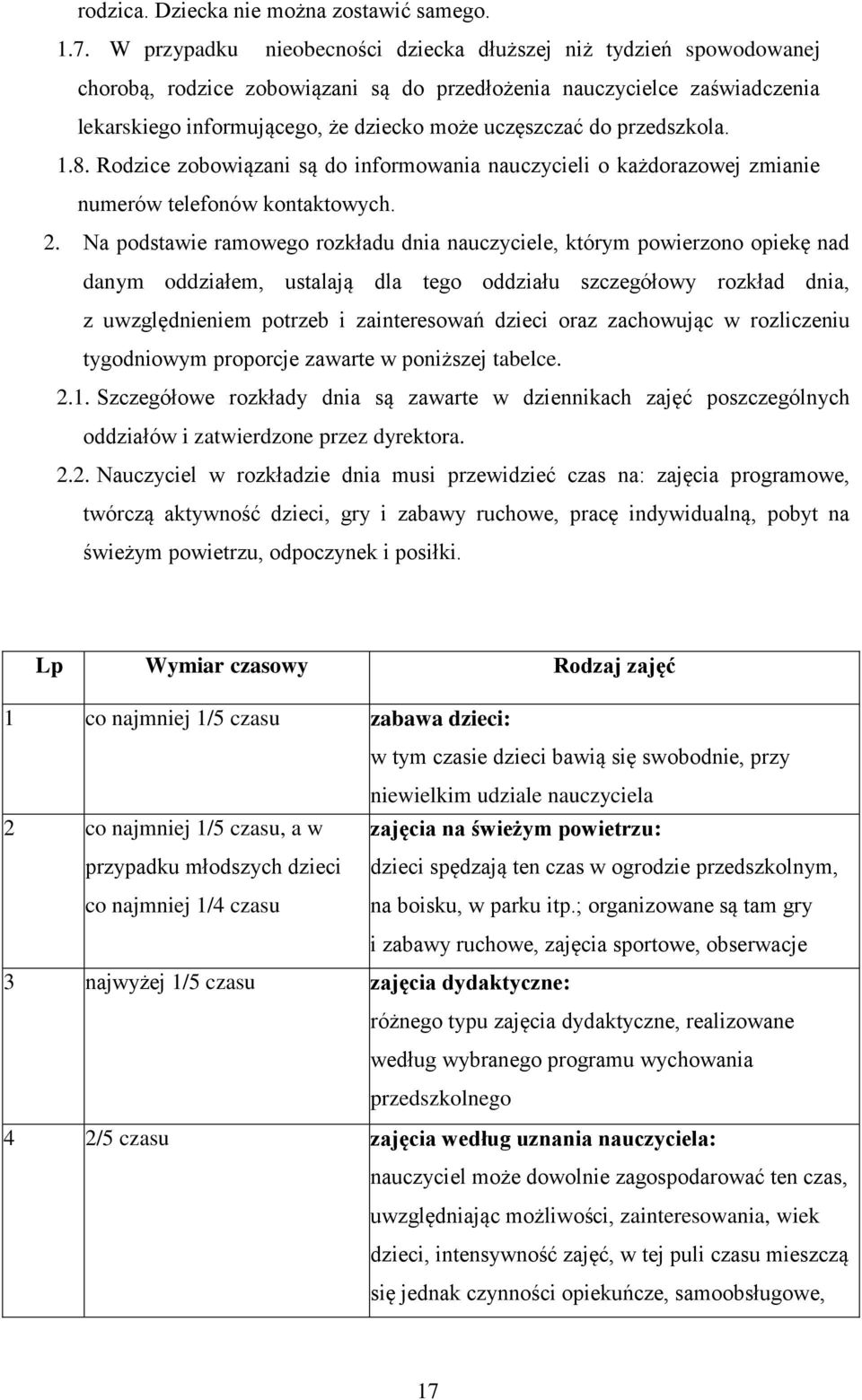 przedszkola. 1.8. Rodzice zobowiązani są do informowania nauczycieli o każdorazowej zmianie numerów telefonów kontaktowych. 2.