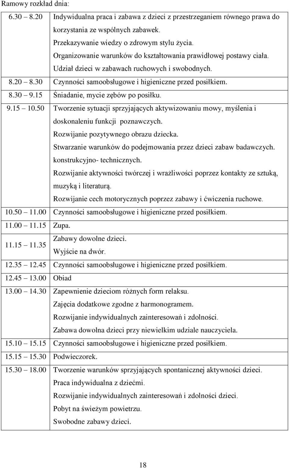 15 Śniadanie, mycie zębów po posiłku. 9.15 10.50 Tworzenie sytuacji sprzyjających aktywizowaniu mowy, myślenia i doskonaleniu funkcji poznawczych. Rozwijanie pozytywnego obrazu dziecka.