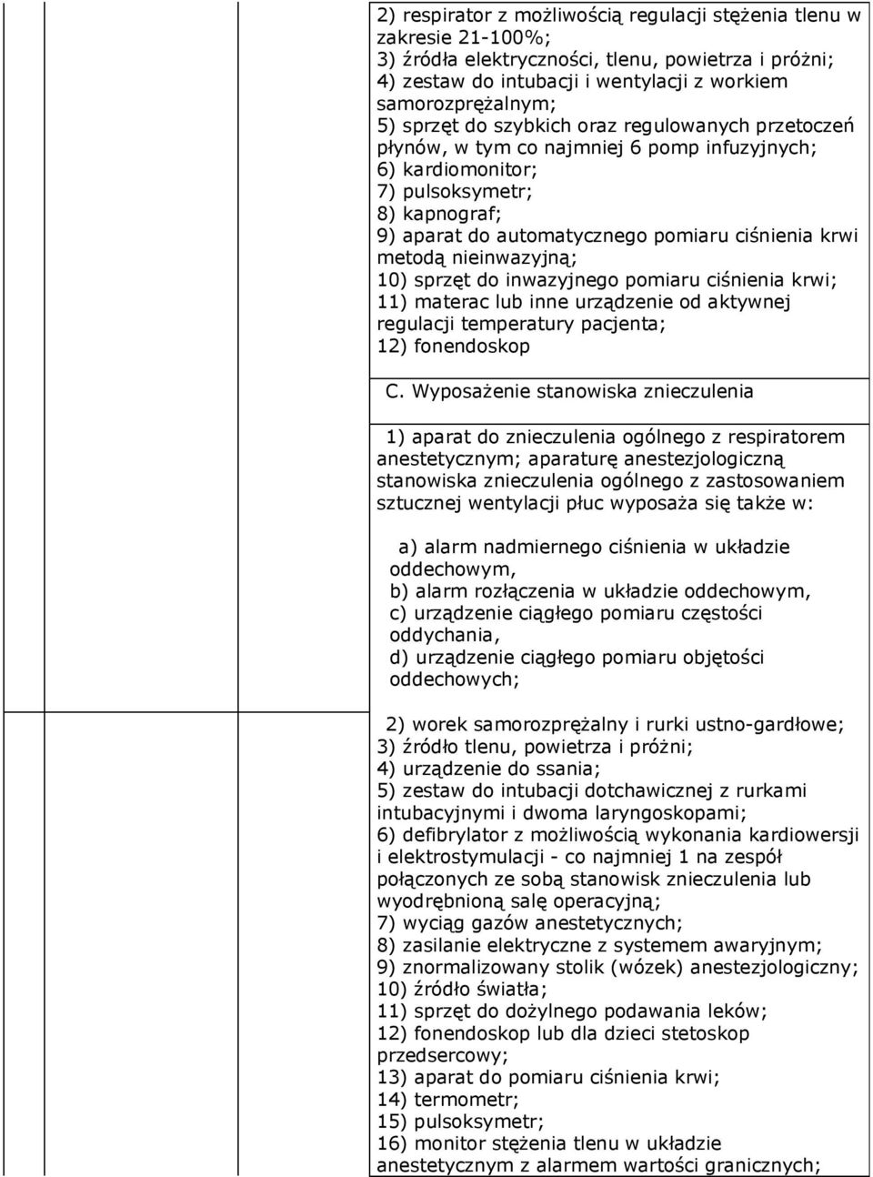 nieinwazyjną; 10) sprzęt do inwazyjnego pomiaru ciśnienia krwi; 11) materac lub inne urządzenie od aktywnej regulacji temperatury pacjenta; 12) fonendoskop C.