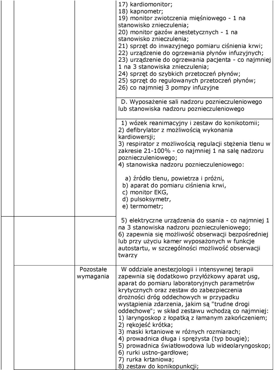 25) sprzęt do regulowanych przetoczeń płynów; 26) co najmniej 3 pompy infuzyjne D.