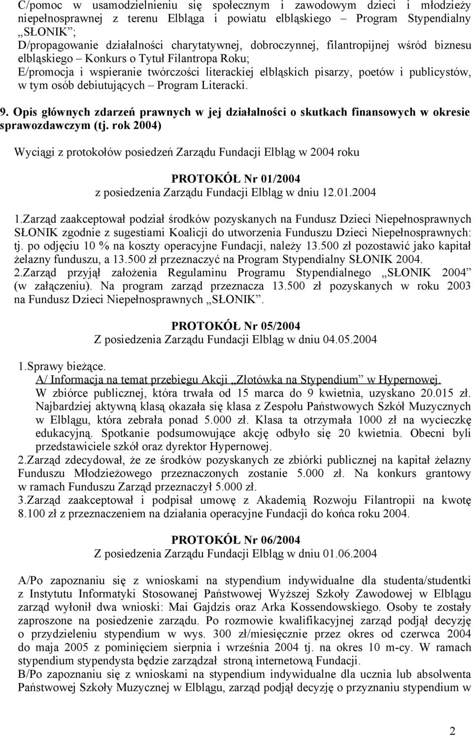 osób debiutujących Program Literacki. 9. Opis głównych zdarzeń prawnych w jej działalności o skutkach finansowych w okresie sprawozdawczym (tj.