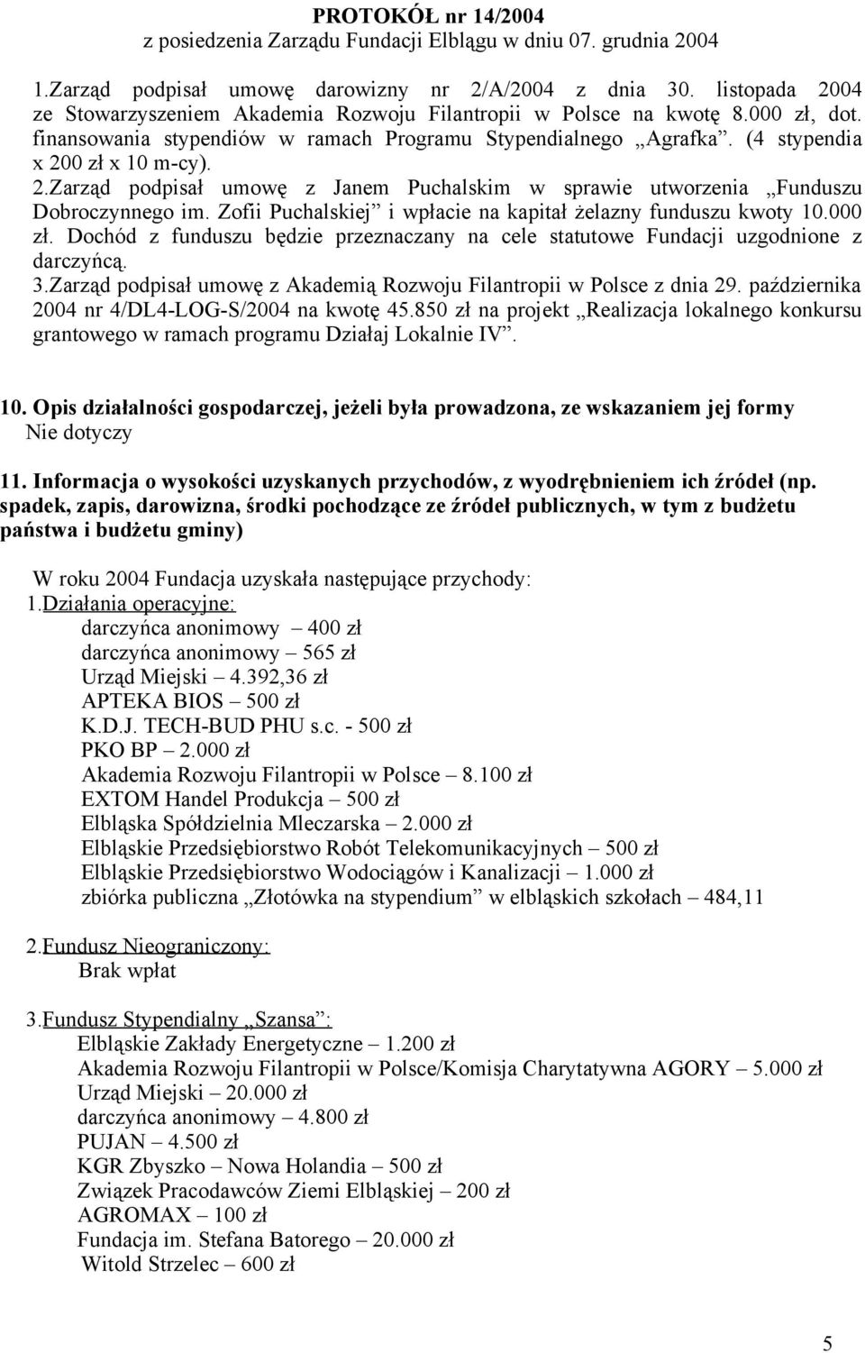 Zofii Puchalskiej i wpłacie na kapitał żelazny funduszu kwoty 10.000 zł. Dochód z funduszu będzie przeznaczany na cele statutowe Fundacji uzgodnione z darczyńcą. 3.