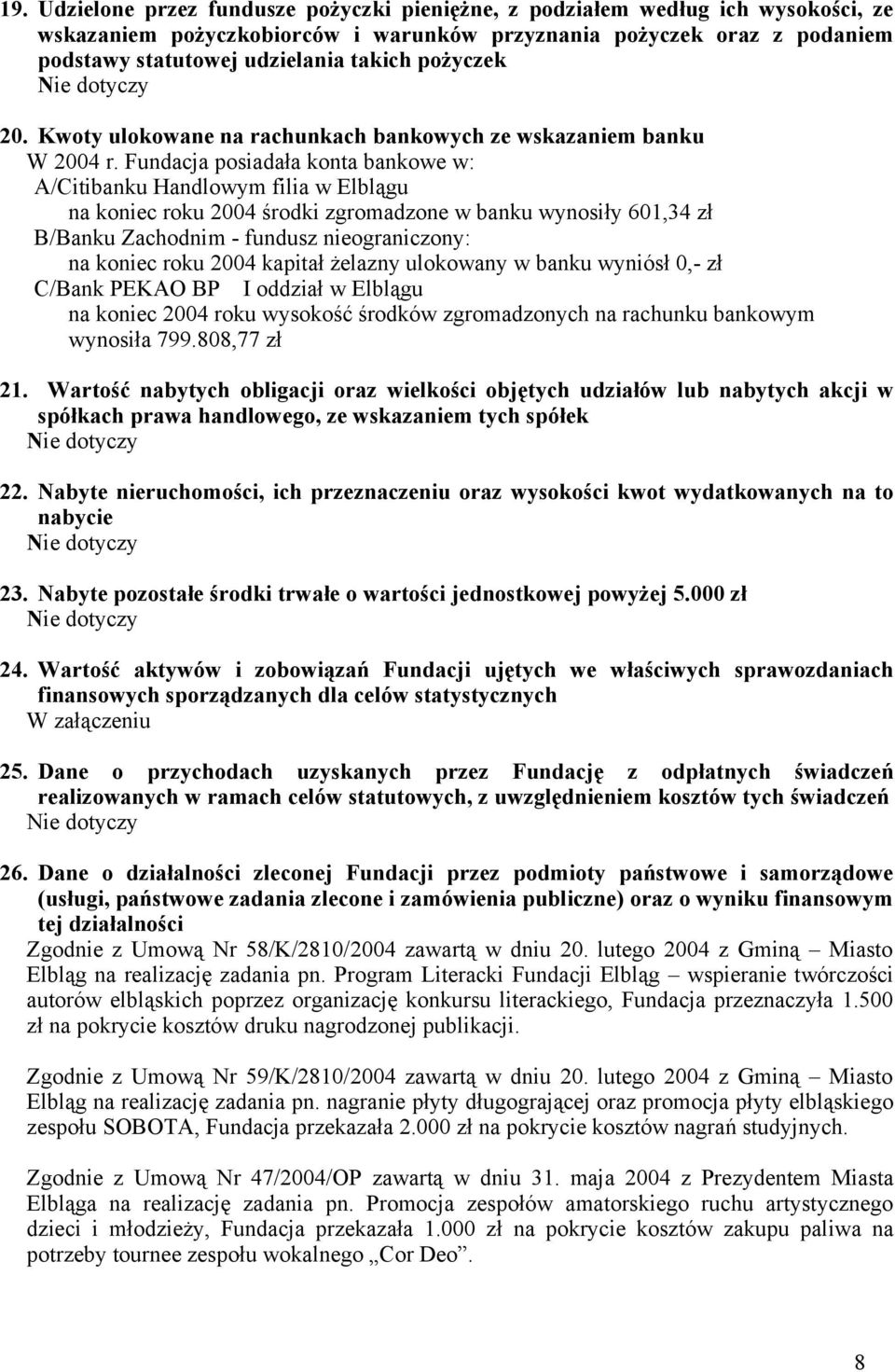 Fundacja posiadała konta bankowe w: A/Citibanku Handlowym filia w Elblągu na koniec roku 2004 środki zgromadzone w banku wynosiły 601,34 zł B/Banku Zachodnim - fundusz nieograniczony: na koniec roku