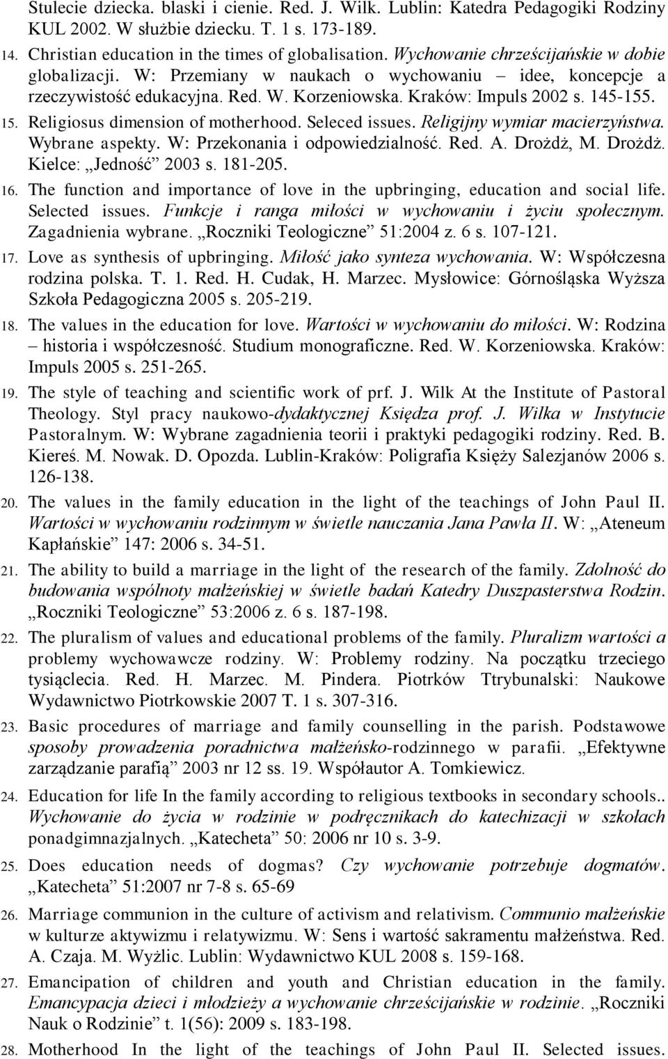 Religiosus dimension of motherhood. Seleced issues. Religijny wymiar macierzyństwa. Wybrane aspekty. W: Przekonania i odpowiedzialność. Red. A. Drożdż, M. Drożdż. Kielce: Jedność 2003 s. 181-205. 16.