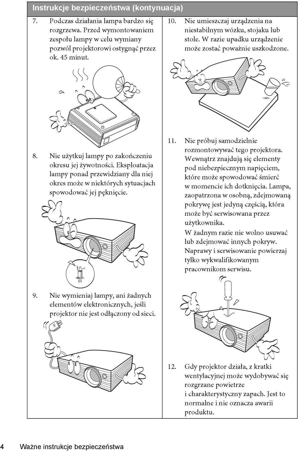 Eksploatacja lampy ponad przewidziany dla niej okres może w niektórych sytuacjach spowodować jej pęknięcie. 11. Nie próbuj samodzielnie rozmontowywać tego projektora.