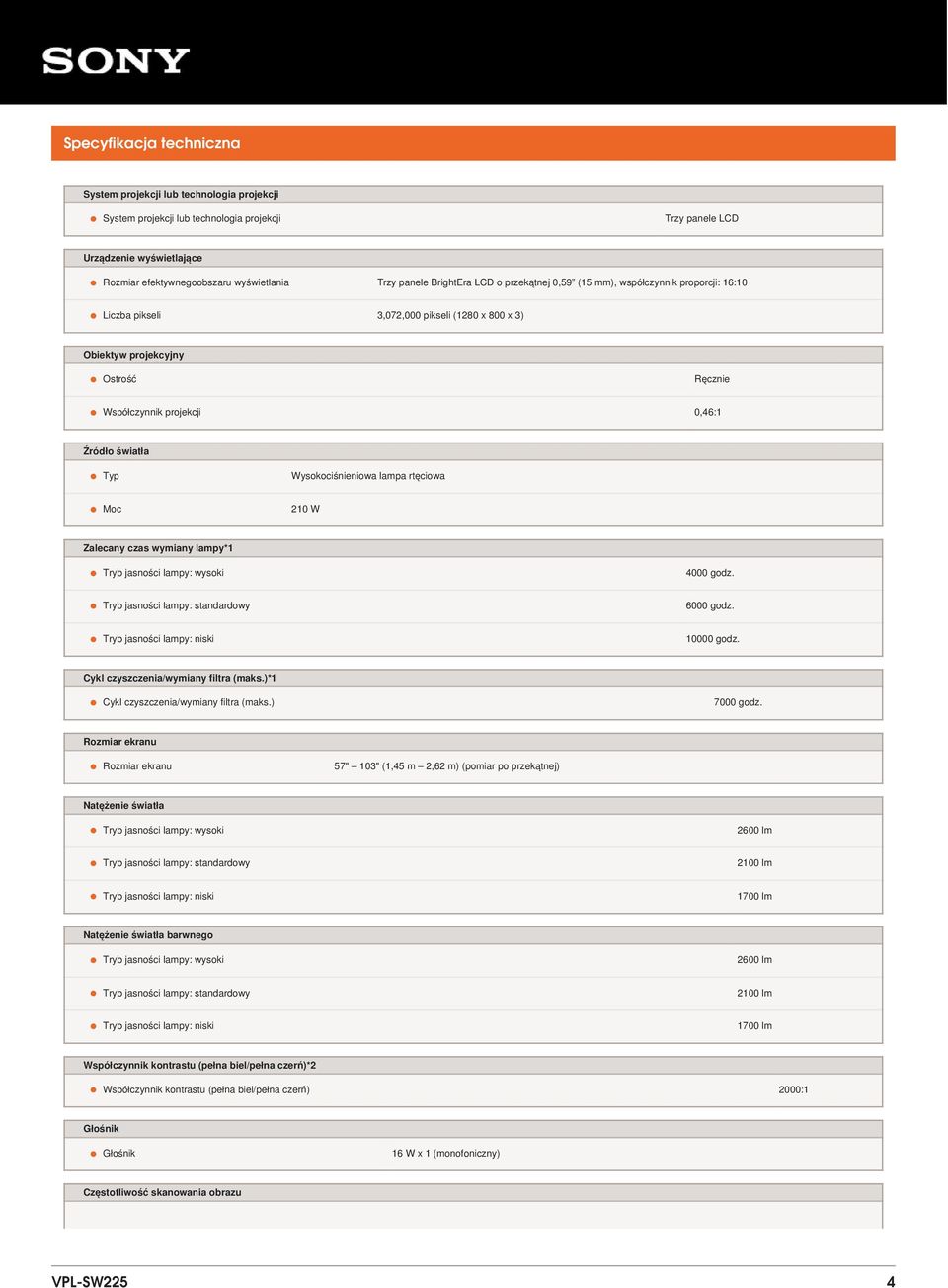 Źródło światła Typ Moc Wysokociśnieniowa lampa rtęciowa 210 W Zalecany czas wymiany lampy*1 Tryb jasności lampy: wysoki Tryb jasności lampy: standardowy 4000 godz. 6000 godz. 10000 godz.