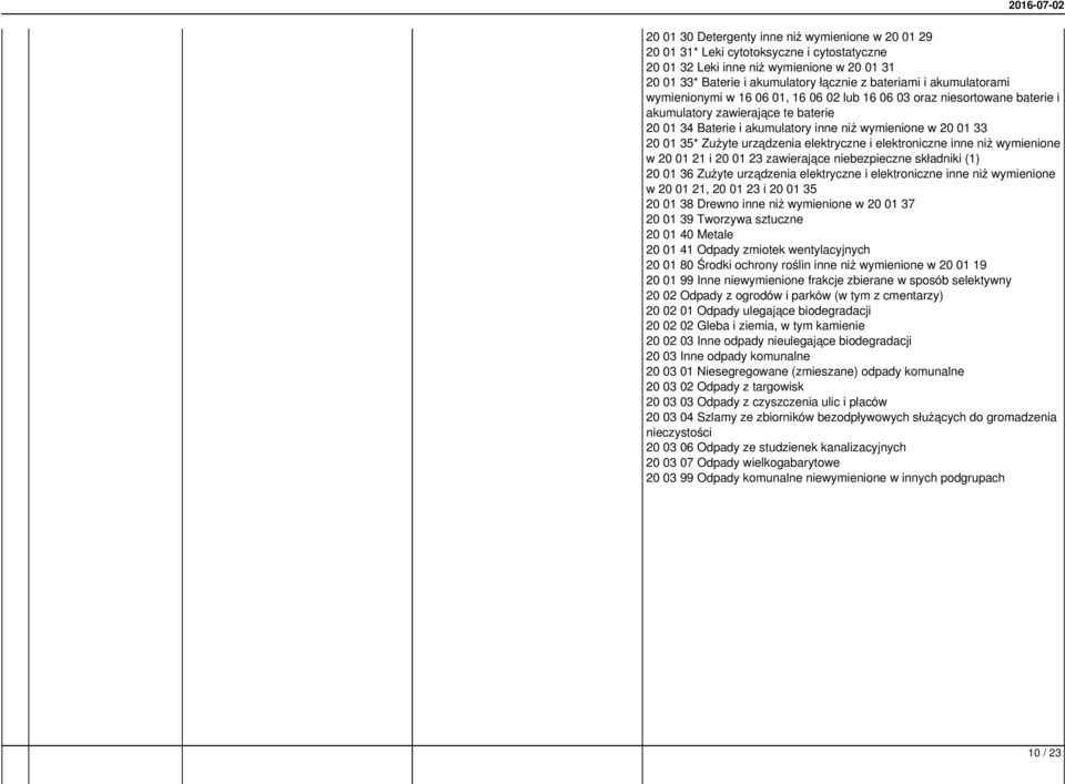 Zużyte urządzenia elektryczne i elektroniczne inne niż wymienione w 20 01 21 i 20 01 23 zawierające niebezpieczne składniki (1) 20 01 36 Zużyte urządzenia elektryczne i elektroniczne inne niż