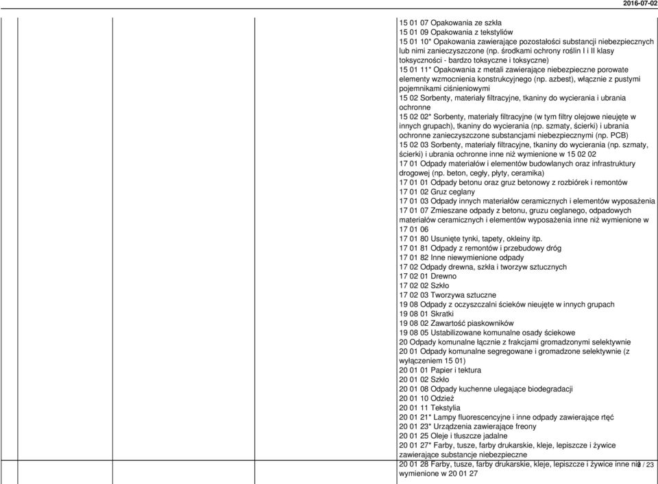 azbest), włącznie z pustymi pojemnikami ciśnieniowymi 15 02 Sorbenty, materiały filtracyjne, tkaniny do wycierania i ubrania ochronne 15 02 02* Sorbenty, materiały filtracyjne (w tym filtry olejowe