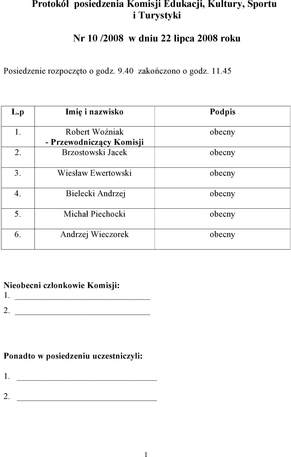 Robert Woźniak obecny - Przewodniczący Komisji 2. Brzostowski Jacek obecny 3. Wiesław Ewertowski obecny 4.