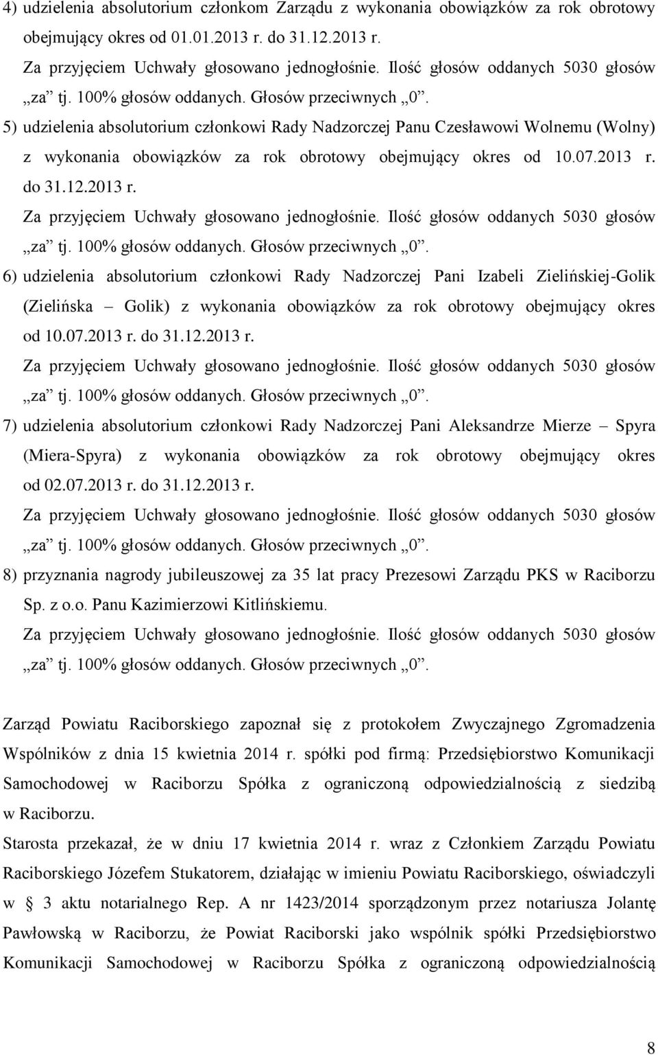 07.2013 r. do 31.12.2013 r. 7) udzielenia absolutorium członkowi Rady Nadzorczej Pani Aleksandrze Mierze Spyra (Miera-Spyra) z wykonania obowiązków za rok obrotowy obejmujący okres od 02.07.2013 r. do 31.12.2013 r. 8) przyznania nagrody jubileuszowej za 35 lat pracy Prezesowi Zarządu PKS w Raciborzu Sp.