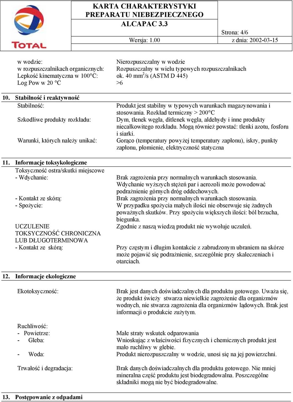 Stabilność i reaktywność Stabilność: Szkodliwe produkty rozkładu: Warunki, których należy unikać: Produkt jest stabilny w typowych warunkach magazynowania i stosowania.