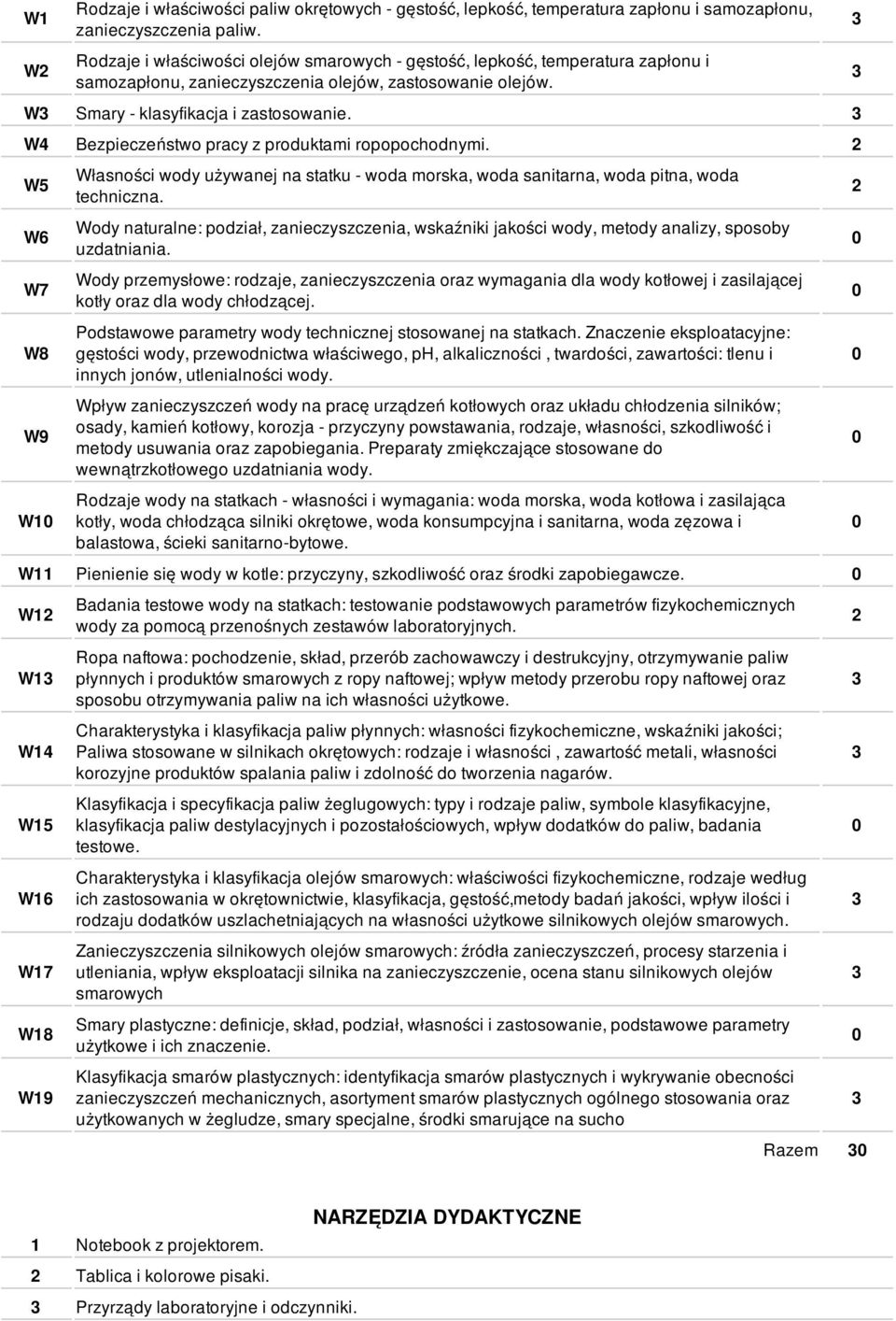 W4 Bezpieczeństwo pracy z produktami ropopochodnymi. 2 W5 W6 W7 W8 W9 W1 Własności wody używanej na statku - woda morska, woda sanitarna, woda pitna, woda techniczna.