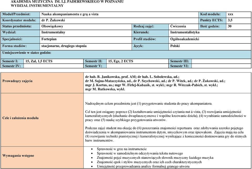 Ogólnoakademicki Forma studiów: stacjonarne, drugiego stopnia Język: Polski Umiejscowienie w siatce godzin: Semestr I: 15, Zal, 1,5 ECTS Semestr II: 15, Egz, 2 ECTS Semestr III: Semestr IV: Semestr