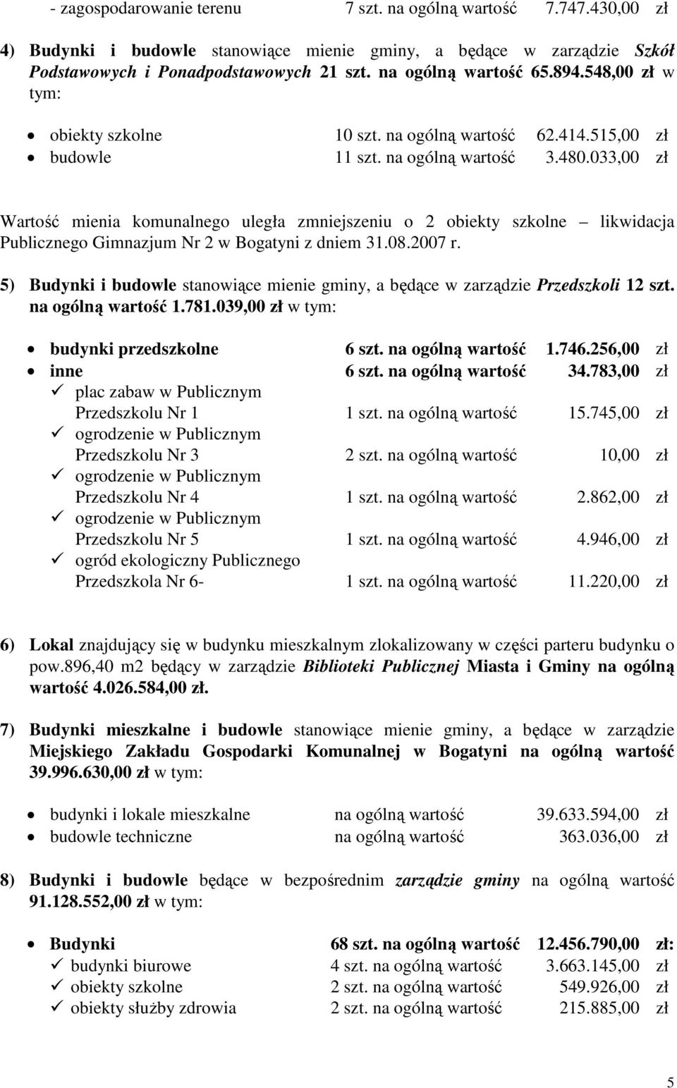 033,00 Wartość mienia komunalnego uległa zmniejszeniu o 2 obiekty szkolne likwidacja Publicznego Gimnazjum Nr 2 w Bogatyni z dniem 31.08.2007 r.