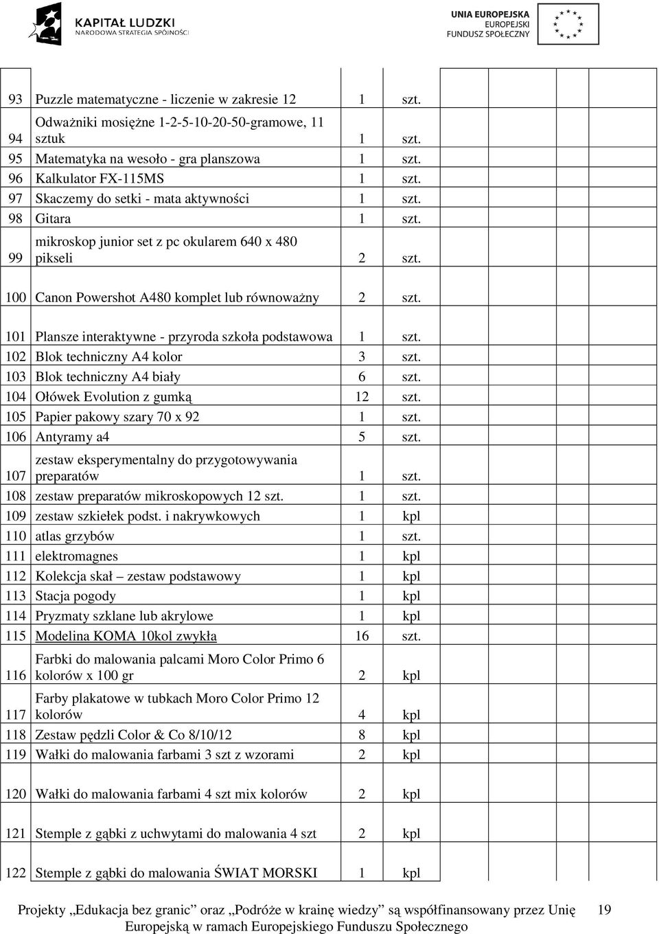 101 Plansze interaktywne - przyroda szkoła podstawowa. 102 Blok techniczny A4 kolor 3 szt. 103 Blok techniczny A4 biały 6 szt. 104 Ołówek Evolution z gumką 12 szt. 105 Papier pakowy szary 70 x 92.