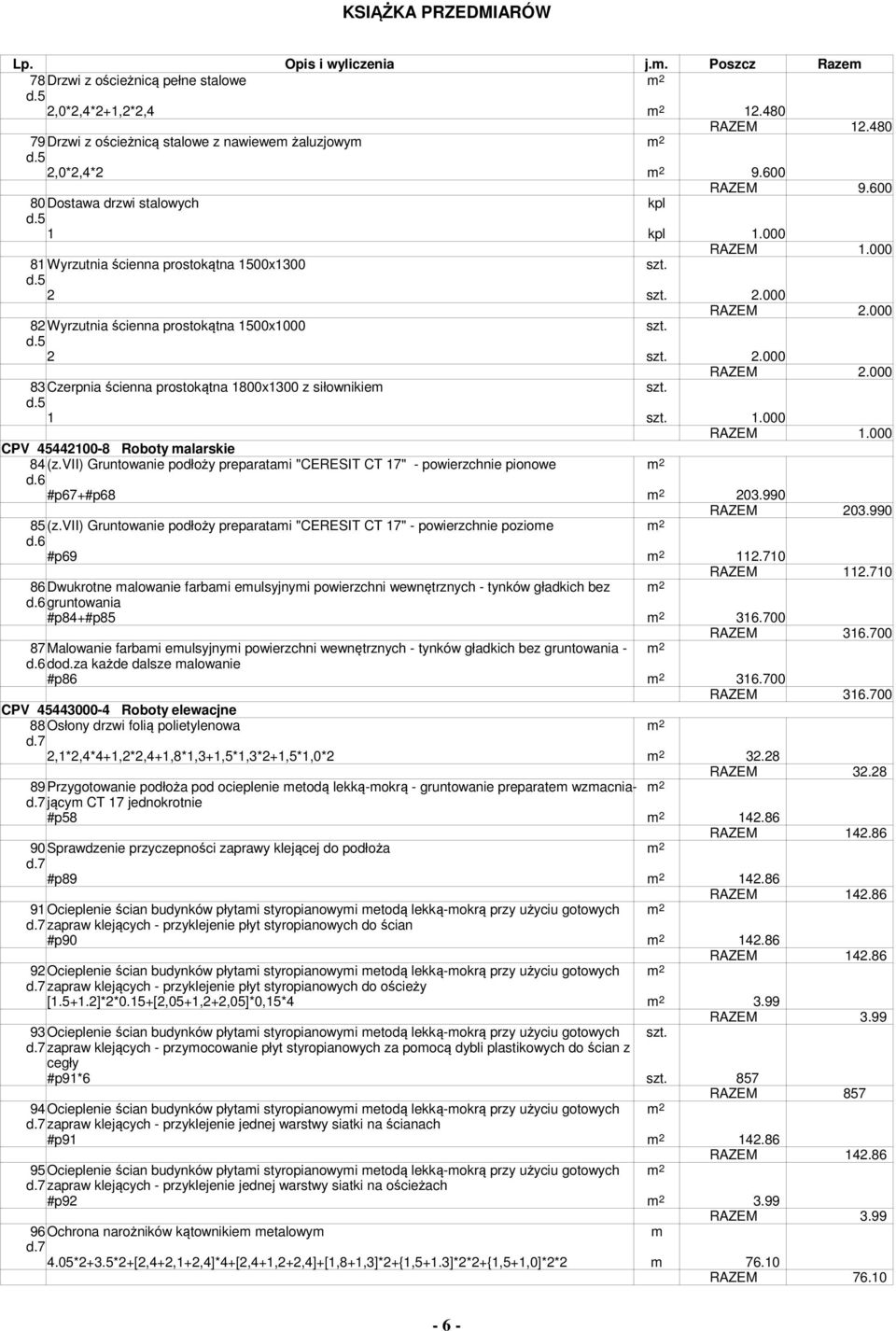 1 sz. 1.000 RAZEM 1.000 CPV 45442100-8 Roboy alarskie 84(z.VII) Grunowanie podłoży preparaai "CERESIT CT 17" - powierzchnie pionowe 2 d.6 #p67+#p68 2 203.990 RAZEM 203.990 85(z.