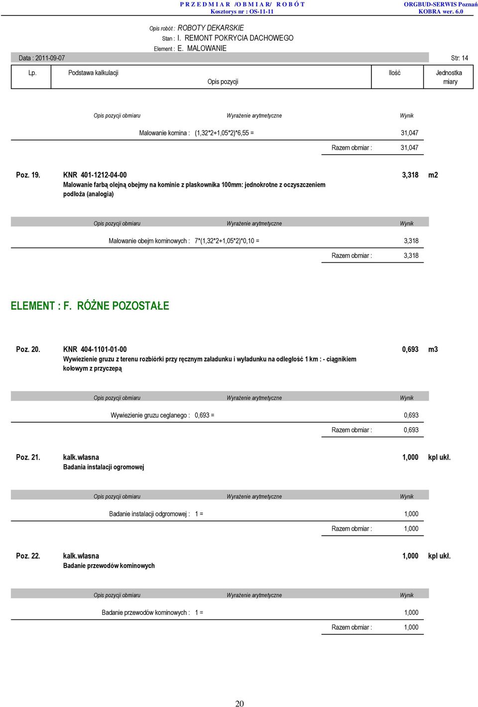 Razem obmiar : 3,318 ELEMENT : F. RÓŻNE POZOSTAŁE Poz. 20.