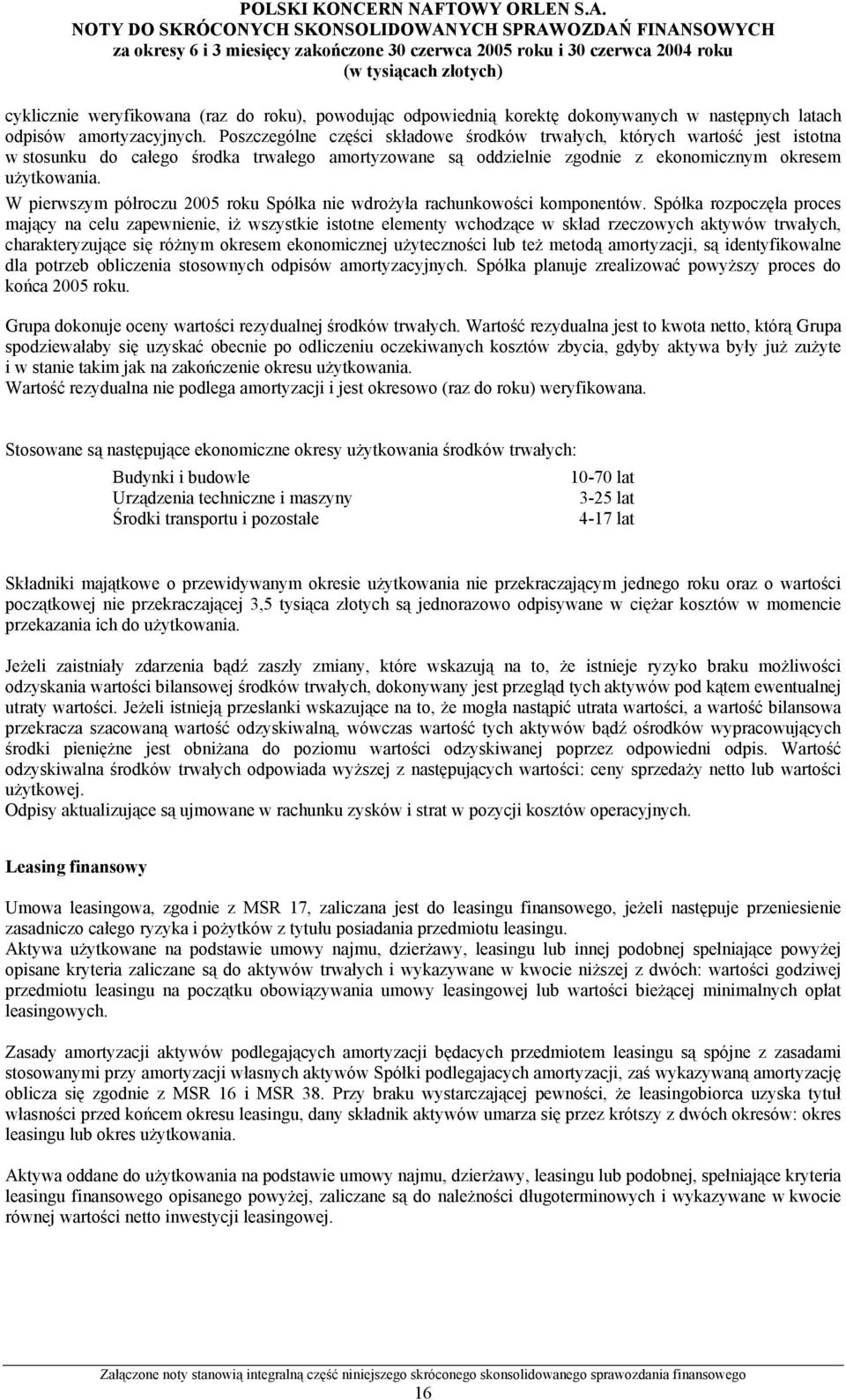 W pierwszym półroczu 2005 roku Spółka nie wdrożyła rachunkowości komponentów.