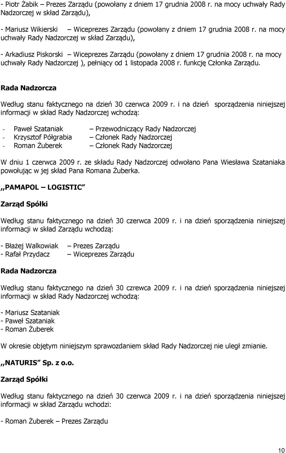 funkcję Członka Zarządu. Rada Nadzorcza Według stanu faktycznego na dzień 30 czerwca 2009 r.