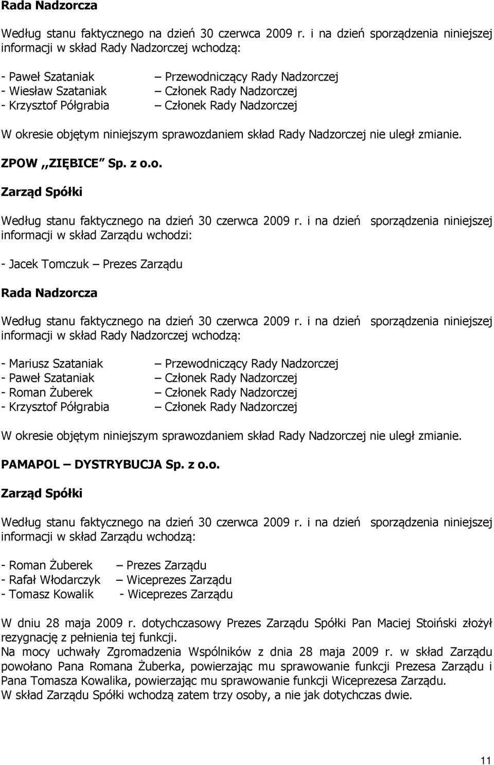 Członek Rady Nadzorczej W okresie objętym niniejszym sprawozdaniem skład Rady Nadzorczej nie uległ zmianie. ZPOW,,ZIĘBICE Sp. z o.o. Zarząd Spółki Według stanu faktycznego na dzień 30 czerwca 2009 r.