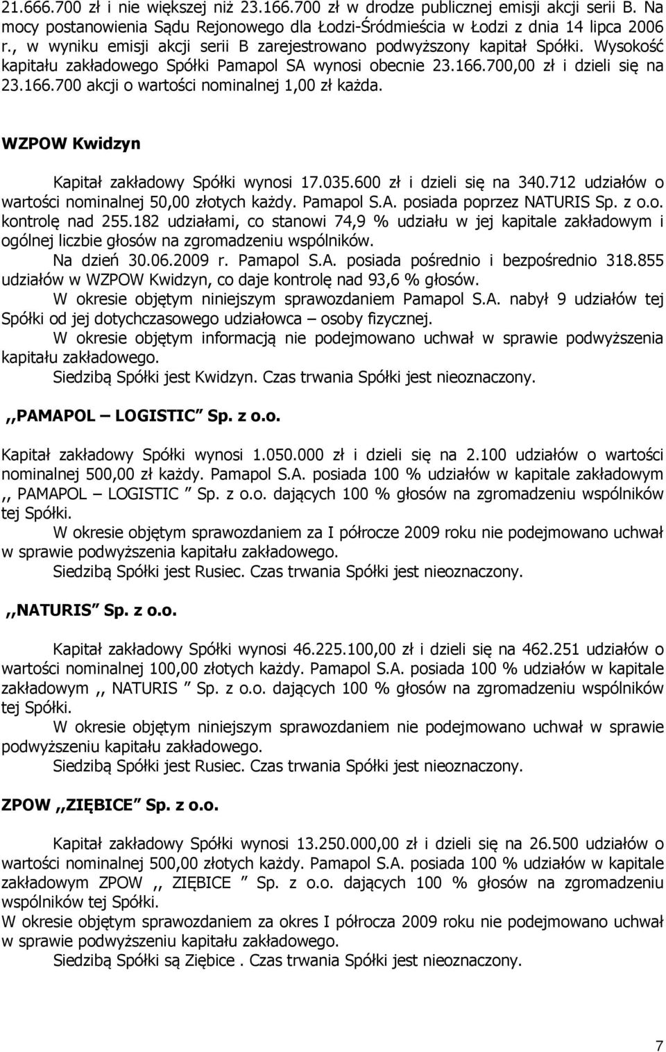 WZPOW Kwidzyn Kapitał zakładowy Spółki wynosi 17.035.600 zł i dzieli się na 340.712 udziałów o wartości nominalnej 50,00 złotych każdy. Pamapol S.A. posiada poprzez NATURIS Sp. z o.o. kontrolę nad 255.