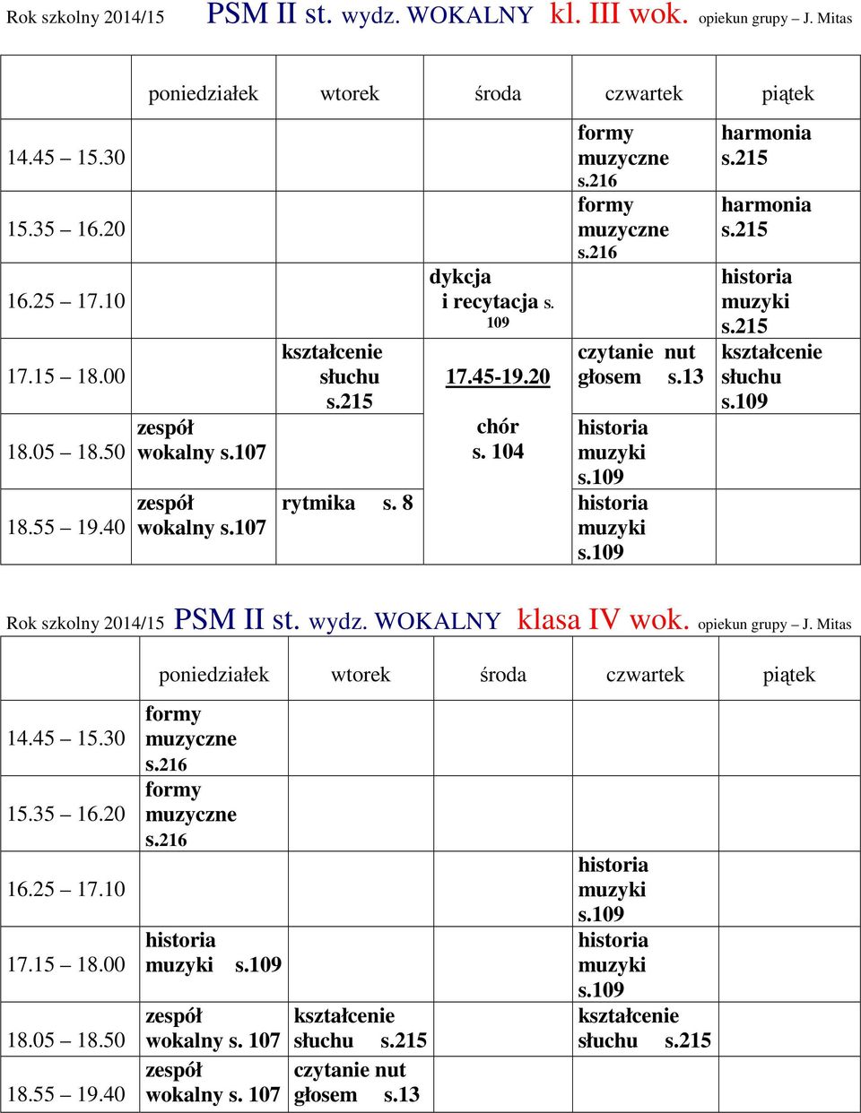 104 formy muzyczne formy muzyczne czytanie nut głosem s.13 Rok szkolny 2014/15 PSM II st. wydz.