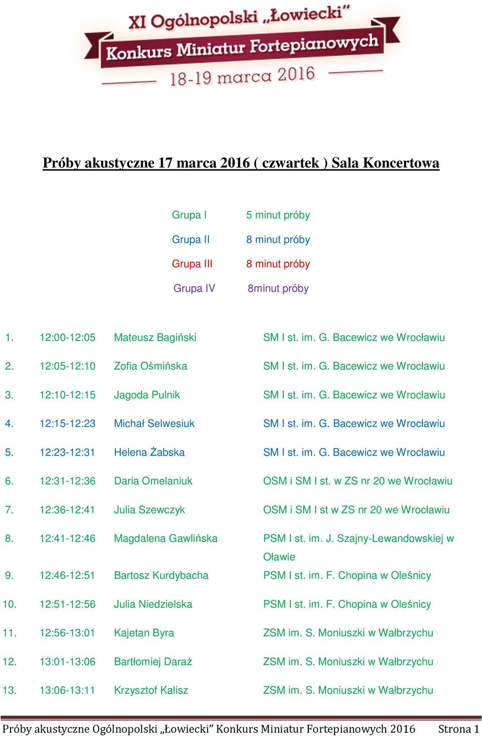 12:23-12:31 Helena Żabska SM I st. im. G. Bacewicz we 6. 12:31-12:36 Daria Omelaniuk OSM i SM I st. w ZS nr 20 we 7. 12:36-12:41 Julia Szewczyk OSM i SM I st w ZS nr 20 we 8.