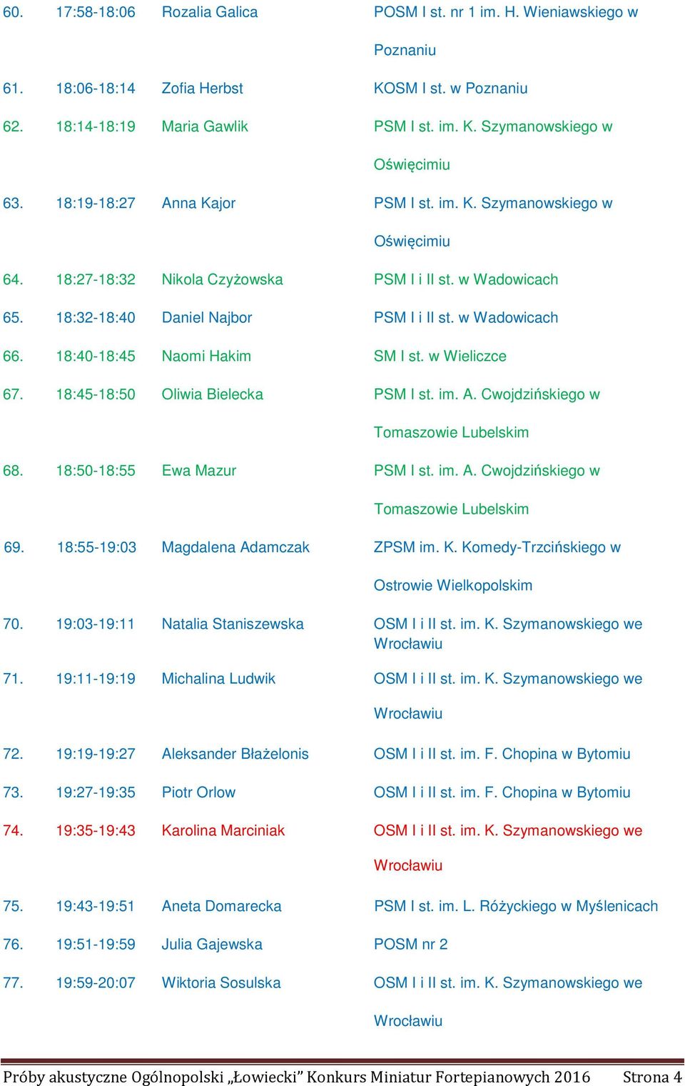 18:40-18:45 Naomi Hakim SM I st. w Wieliczce 67. 18:45-18:50 Oliwia Bielecka PSM I st. im. A. Cwojdzińskiego w Tomaszowie Lubelskim 68. 18:50-18:55 Ewa Mazur PSM I st. im. A. Cwojdzińskiego w Tomaszowie Lubelskim 69.