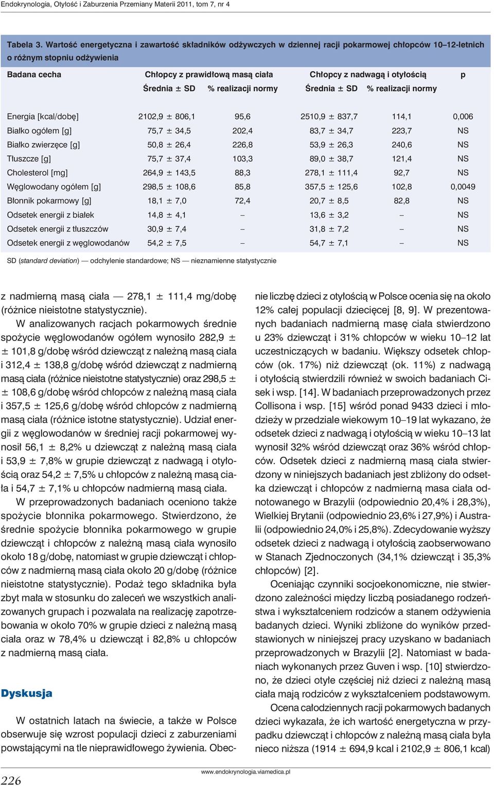 otyłością p Średnia ± SD % realizacji normy Średnia ± SD % realizacji normy Energia [kcal/dobę] 2102,9 ± 806,1 95,6 2510,9 ± 837,7 114,1 0,006 Białko ogółem [g] 75,7 ± 34,5 202,4 83,7 ± 34,7 223,7 NS