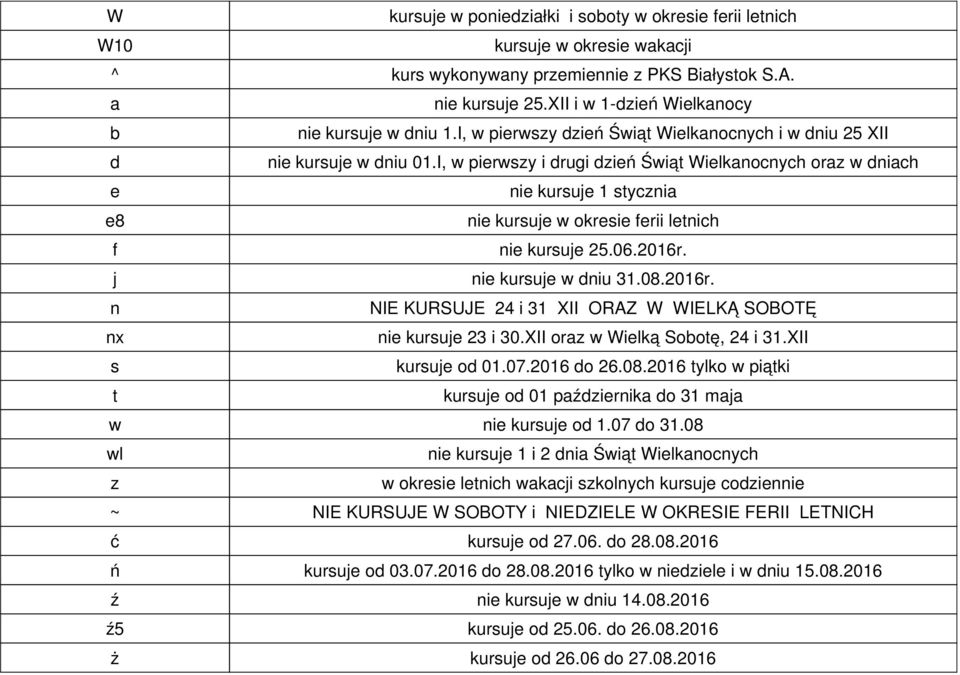 I, w pierwszy i drugi dzień Świąt Wielkanocnych oraz w dniach e nie kursuje 1 stycznia e8 nie kursuje w okresie ferii letnich f nie kursuje 25.06.2016r.