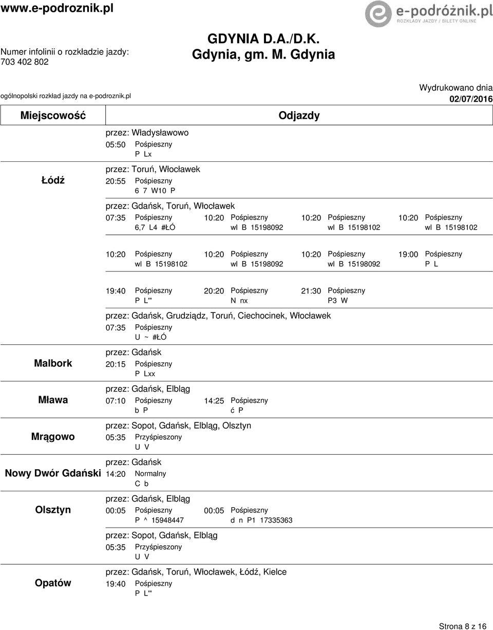 Gdańsk 20:15 przez: Gdańsk, Elbląg 07:10 14:25 b P 05:35 Przyśpieszony U V ć P przez: opot, Gdańsk, Elbląg, Olsztyn przez: Gdańsk 14:20 C b przez: Gdańsk, Elbląg