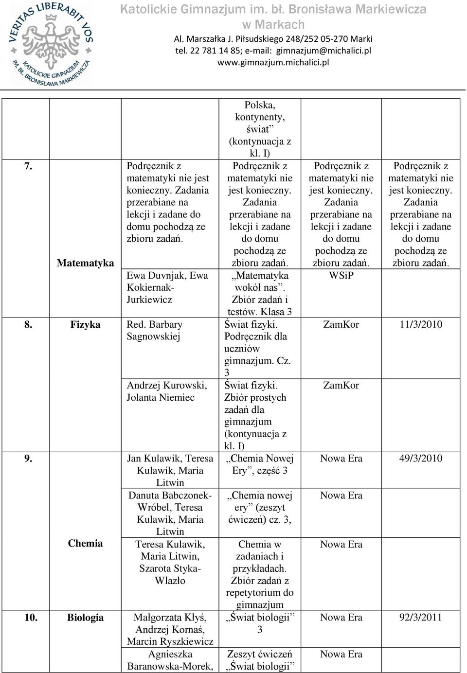 Biologia Małgorzata Kłyś, Andrzej Kornaś, Marcin Ryszkiewicz Agnieszka Baranowska-Morek, Polska, kontynenty, świat Matematyka wokół nas. Zbiór zadań i testów.