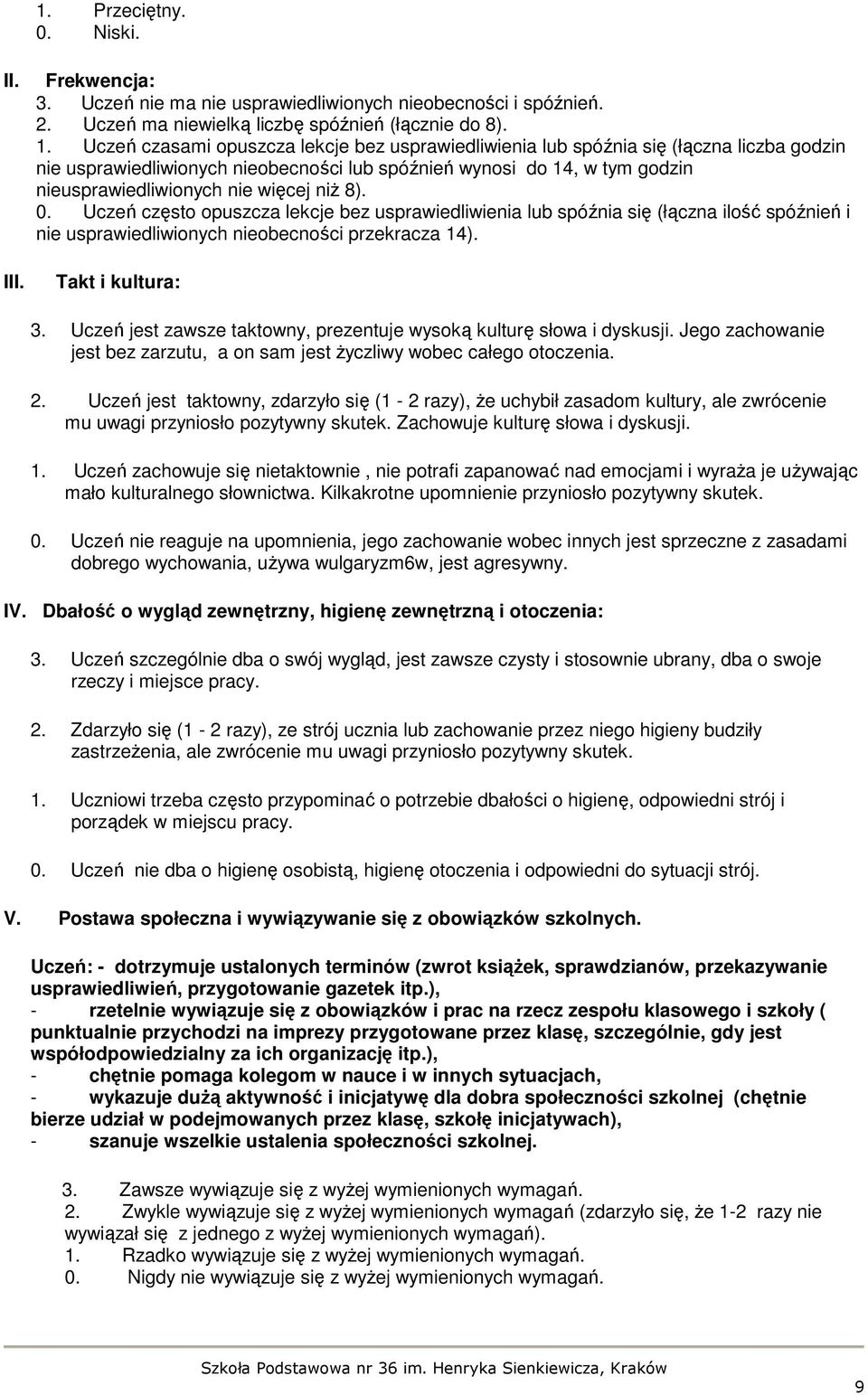 niŝ 8). 0. Uczeń często opuszcza lekcje bez usprawiedliwienia lub spóźnia się (łączna ilość spóźnień i nie usprawiedliwionych nieobecności przekracza 14). Takt i kultura: 3.