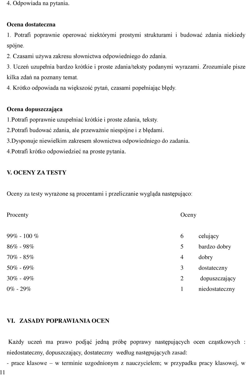 Ocena dopuszczająca 1.Potrafi poprawnie uzupełniać krótkie i proste zdania, teksty. 2.Potrafi budować zdania, ale przeważnie niespójne i z błędami. 3.