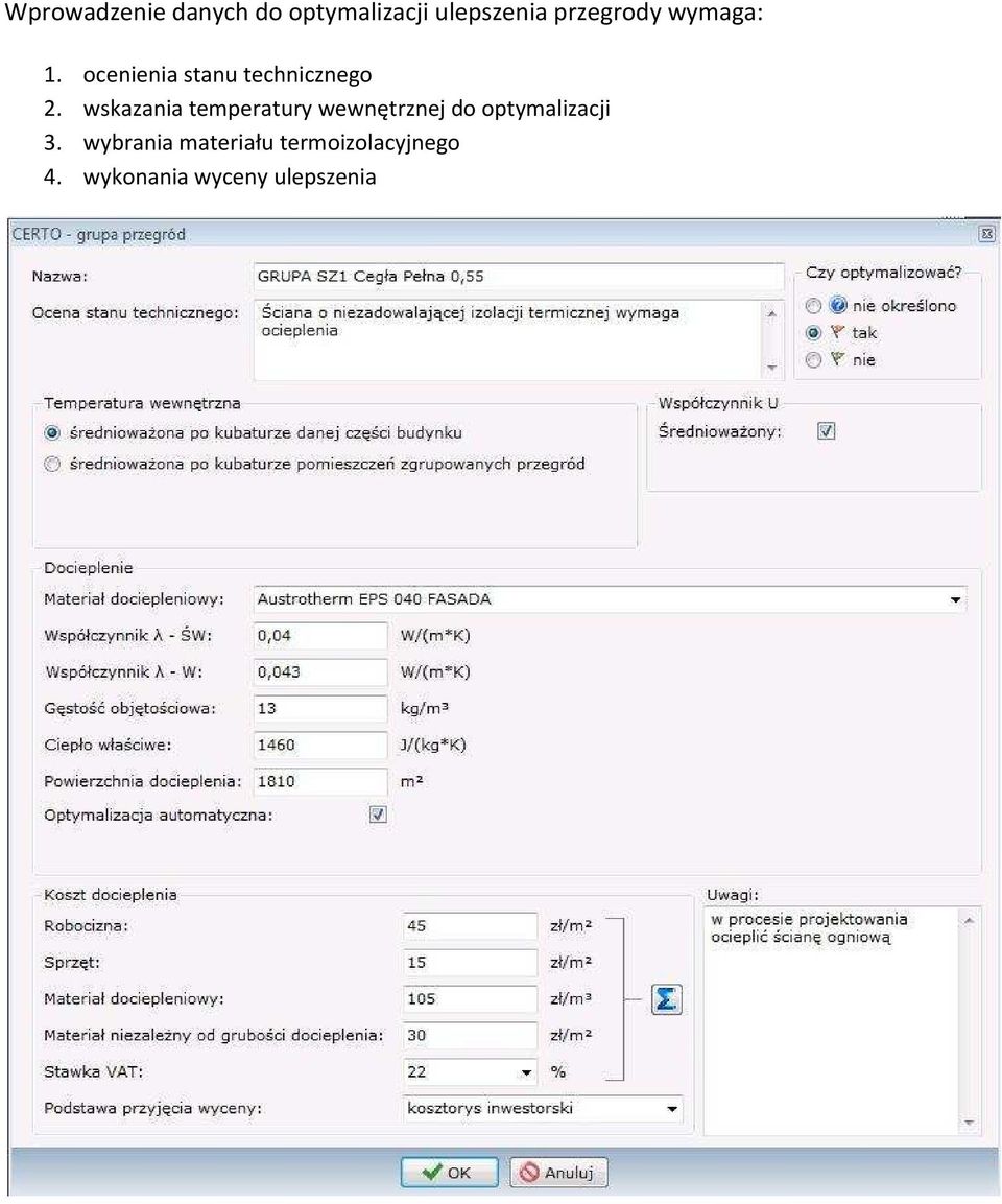 wskazania temperatury wewnętrznej do optymalizacji 3.