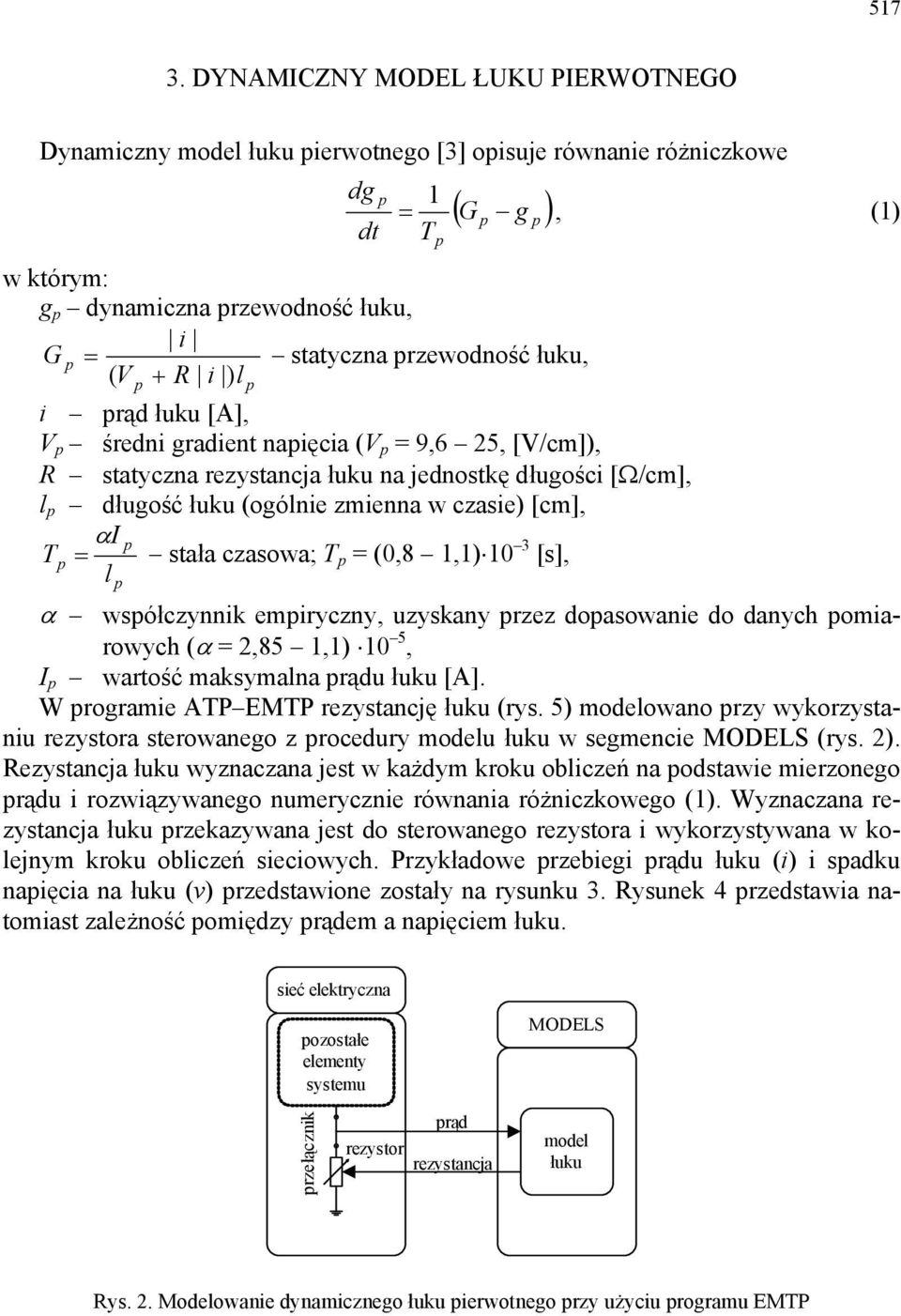 przewodność łuku, ( V + R i ) l p p i prąd łuku [A], V p średni gradient napięcia (V p = 9,6 25, [V/cm]), R statyczna rezystancja łuku na jednostkę długości [Ω/cm], l p długość łuku (ogólnie zmienna