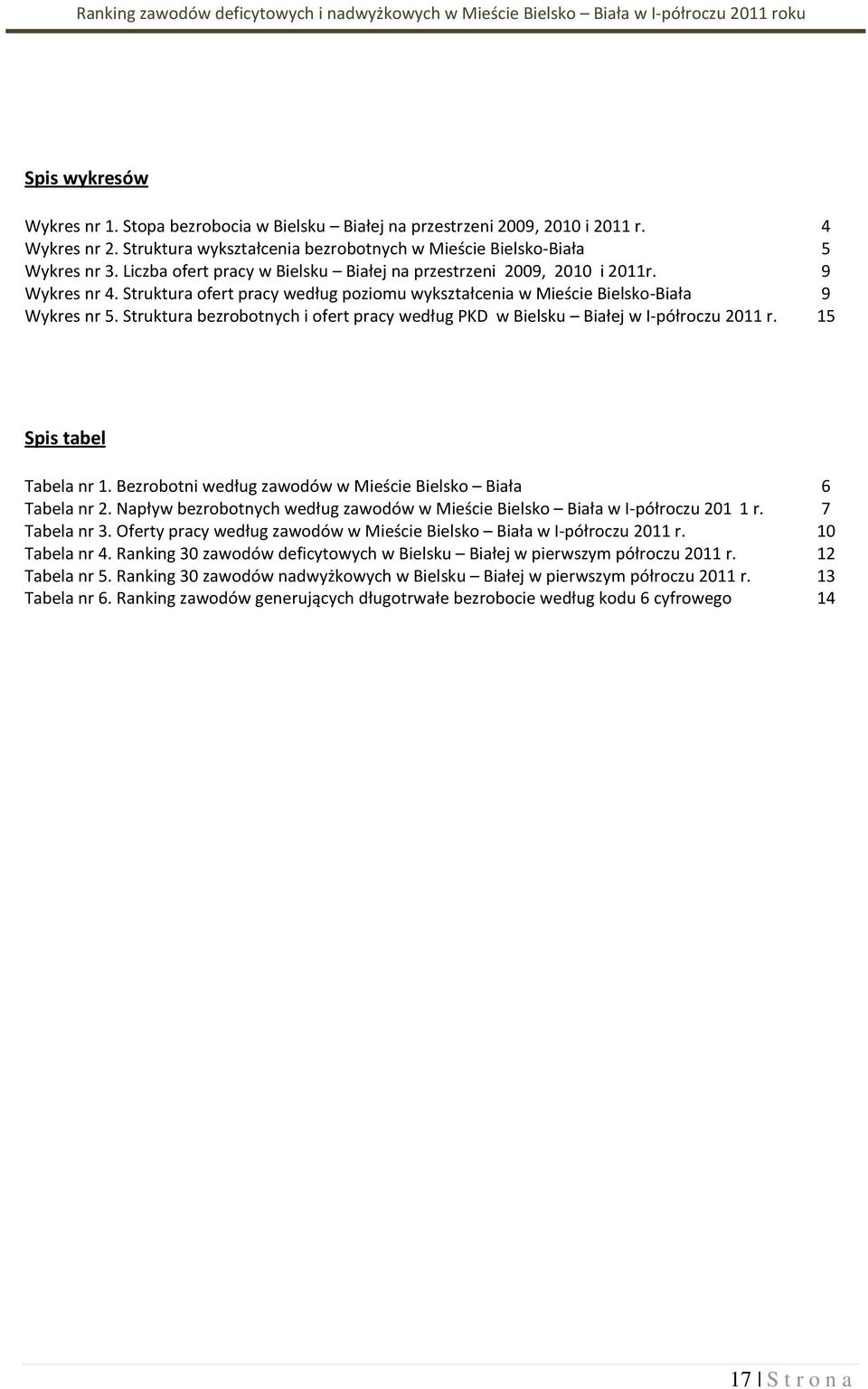 Strutura bezrobotnych i ofert pracy według PKD w Bielsu Białej w I-półroczu 2011 r. 15 Spis tabel Tabela nr 1. Bezrobotni według zawodów w Mieście Bielso Biała 6 Tabela nr 2.