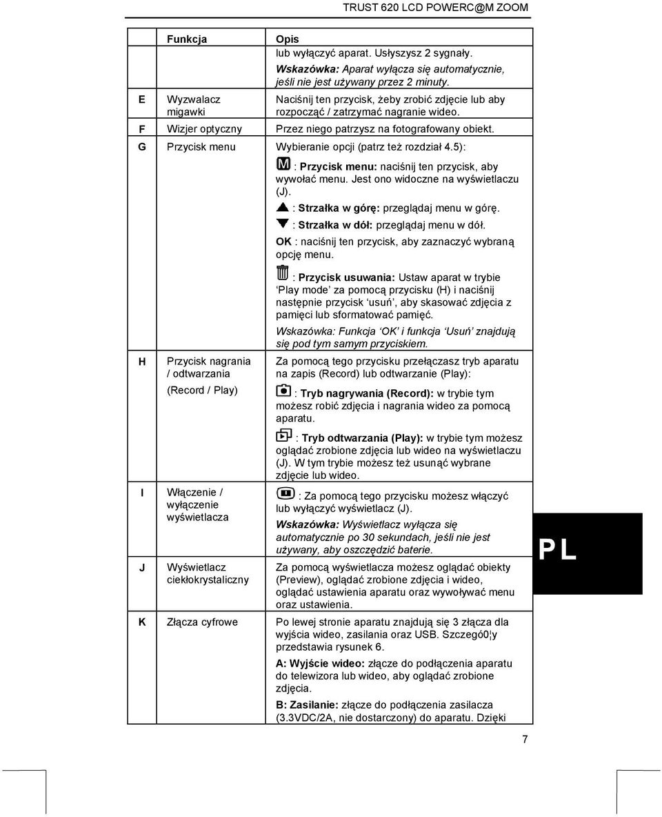 G Przycisk menu Wybieranie opcji (patrz też rozdział 4.5): : Przycisk menu: naciśnij ten przycisk, aby wywołać menu. Jest ono widoczne na wyświetlaczu (J). : Strzałka w górę: przeglądaj menu w górę.