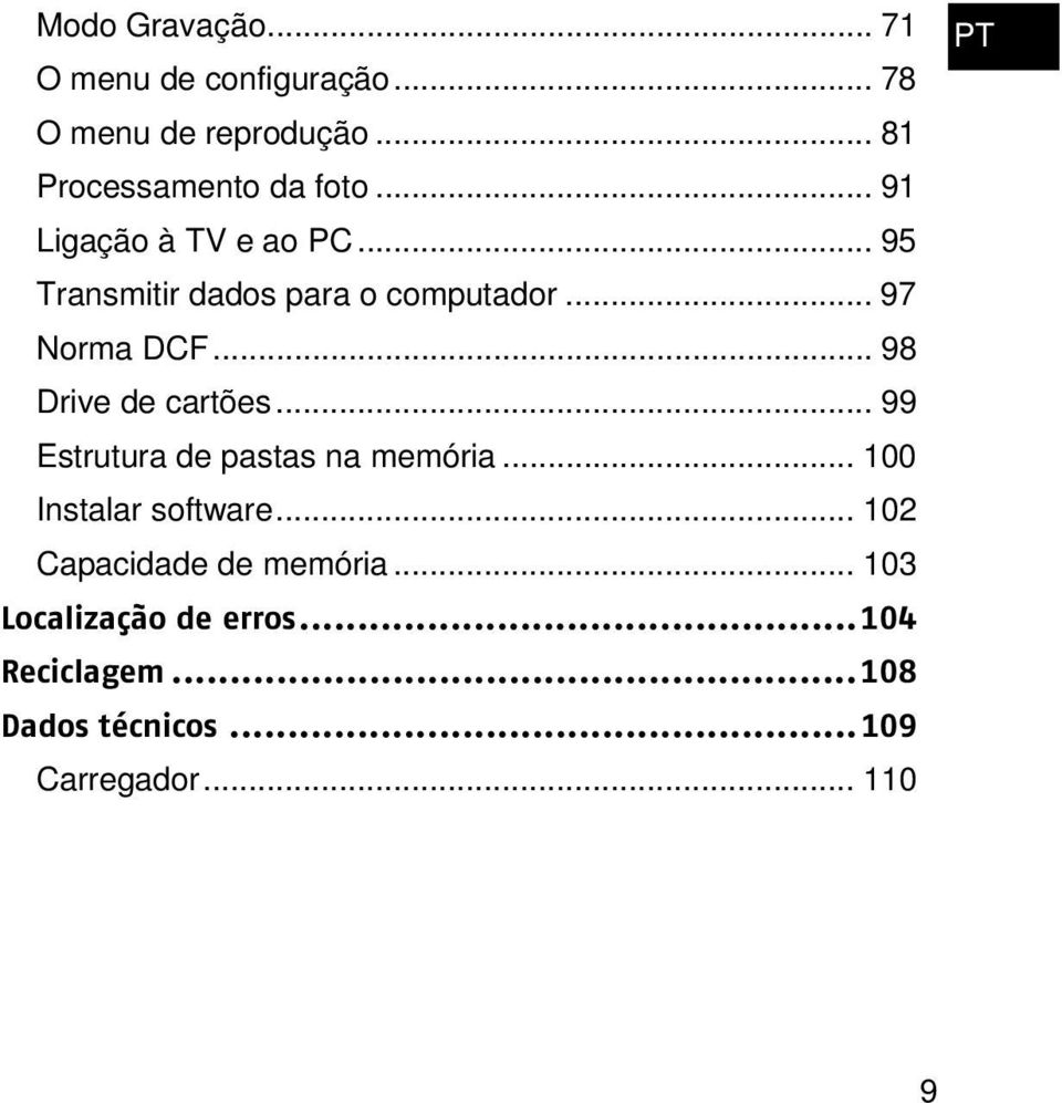 .. 98 Drive de cartões... 99 Estrutura de pastas na memória... 100 Instalar software.