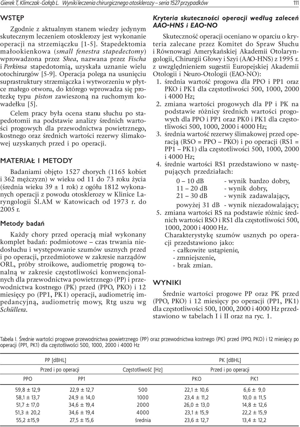 Stapedektomia ma³ookienkowa (small fenestra stapedectomy) wprowadzona przez Shea, nazwana przez Fischa i Perkinsa stapedotomi¹, uzyska³a uznanie wielu otochirurgów [5-9].