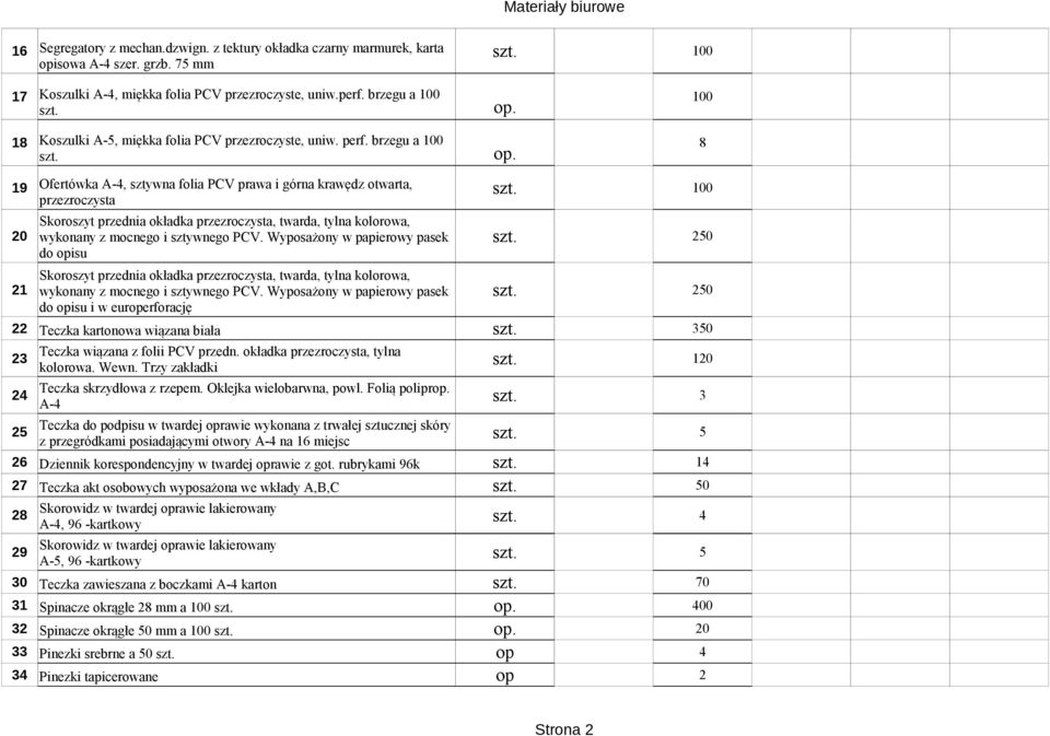 100 20 Skoroszyt przednia okładka przezroczysta, twarda, tylna kolorowa, wykonany z mocnego i sztywnego PCV. Wyposażony w papierowy pasek szt.