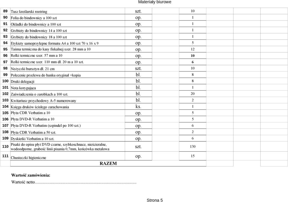 57 mm a 10 op. 10 97 Rolki termiczne szer. 110 mm dł. 20 m a 10 szt. op. 6 98 Nożyczki bursztyn dł. 21 cm szt. 10 99 Polecenie przelewu do banku oryginał +kopia bl. 8 100 Druki delegacji bl.