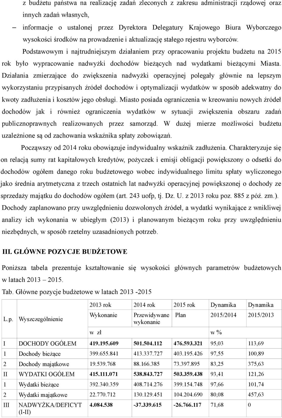 Podstawowym i najtrudniejszym działaniem przy opracowaniu projektu budżetu na 2015 rok było wypracowanie nadwyżki dochodów bieżących nad wydatkami bieżącymi Miasta.