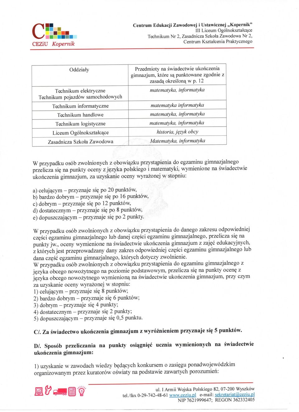 12 Technikum elektryczne Technikum pojazdow samochodowych matematyka, informatyka Technikum informatyczne matematyka informatyka Technikum handlowe matematyka, informatyka Technikum logistyczne