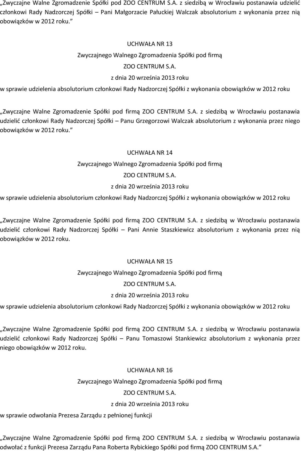 UCHWAŁA NR 13 w sprawie udzielenia absolutorium członkowi Rady Nadzorczej Spółki z wykonania obowiązków w 2012 roku Zwyczajne Walne Zgromadzenie Spółki pod firmą z siedzibą w Wrocławiu postanawia